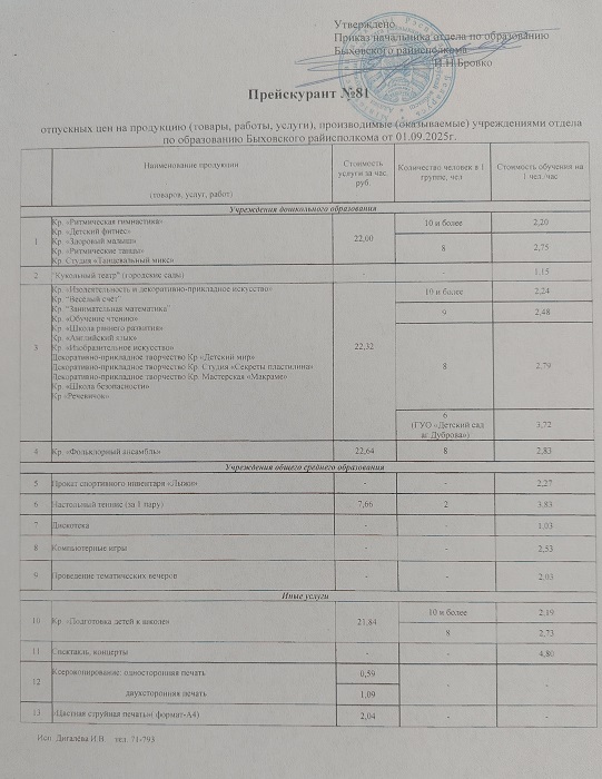 Прейскурант отпускных цен отдела по образованию Быховского райисполкома